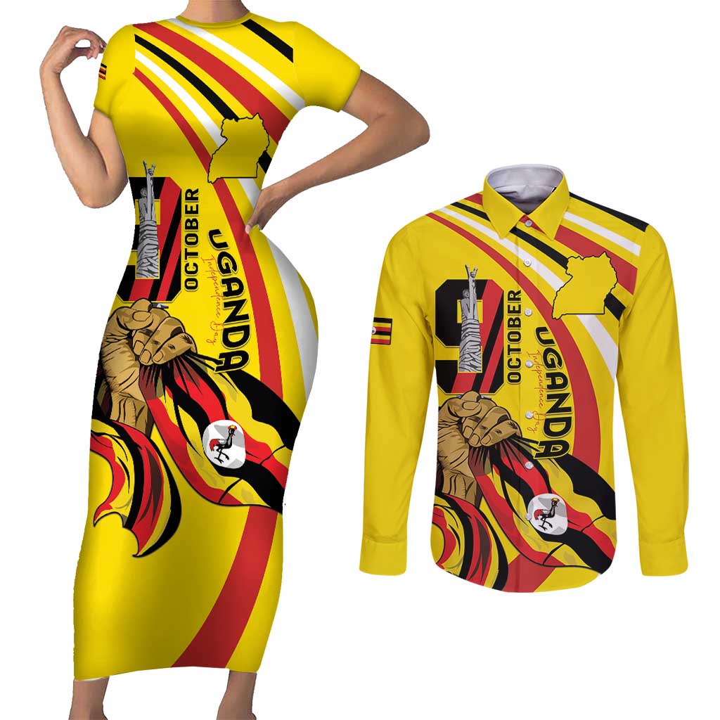 Uganda Couples Matching Short Sleeve Bodycon Dress and Long Sleeve Button Shirt 63rd Anniversary Of Independence - Wonder Print Shop