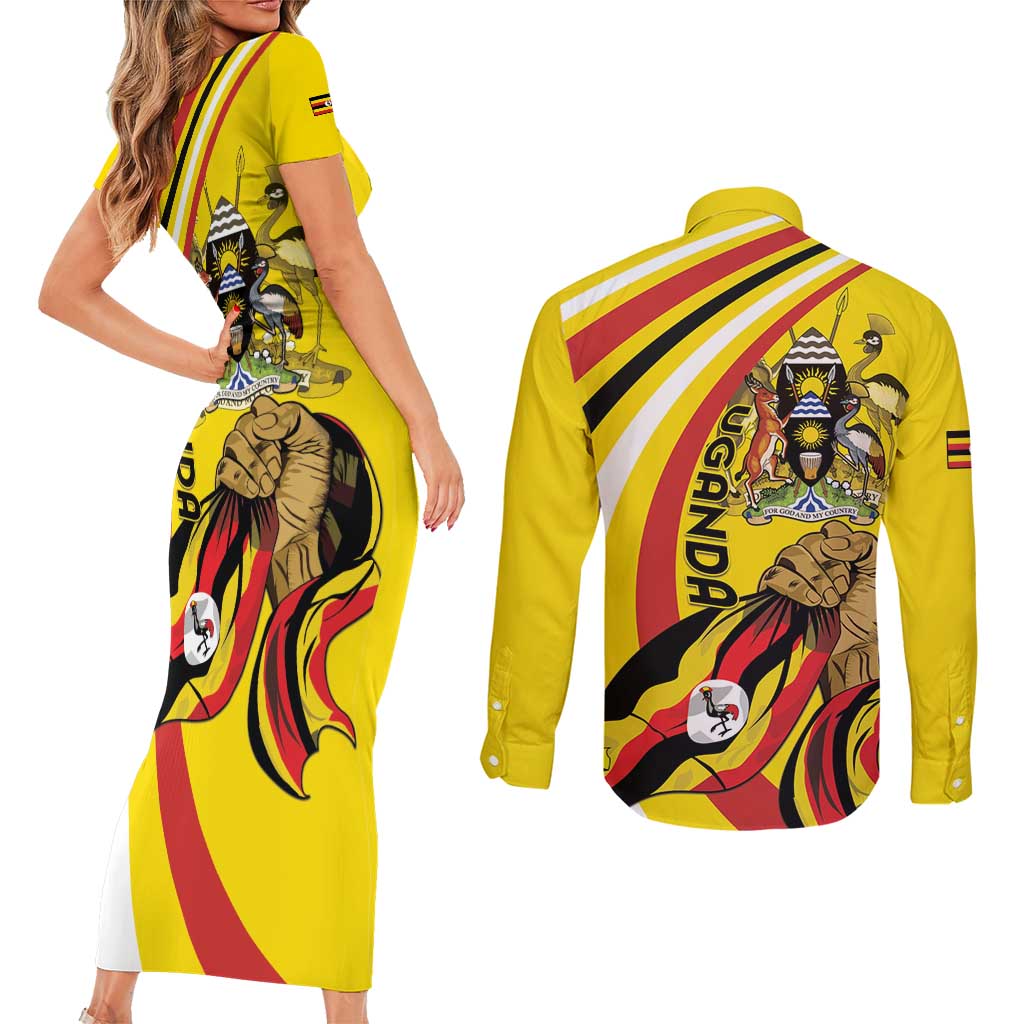 Uganda Couples Matching Short Sleeve Bodycon Dress and Long Sleeve Button Shirt 63rd Anniversary Of Independence - Wonder Print Shop