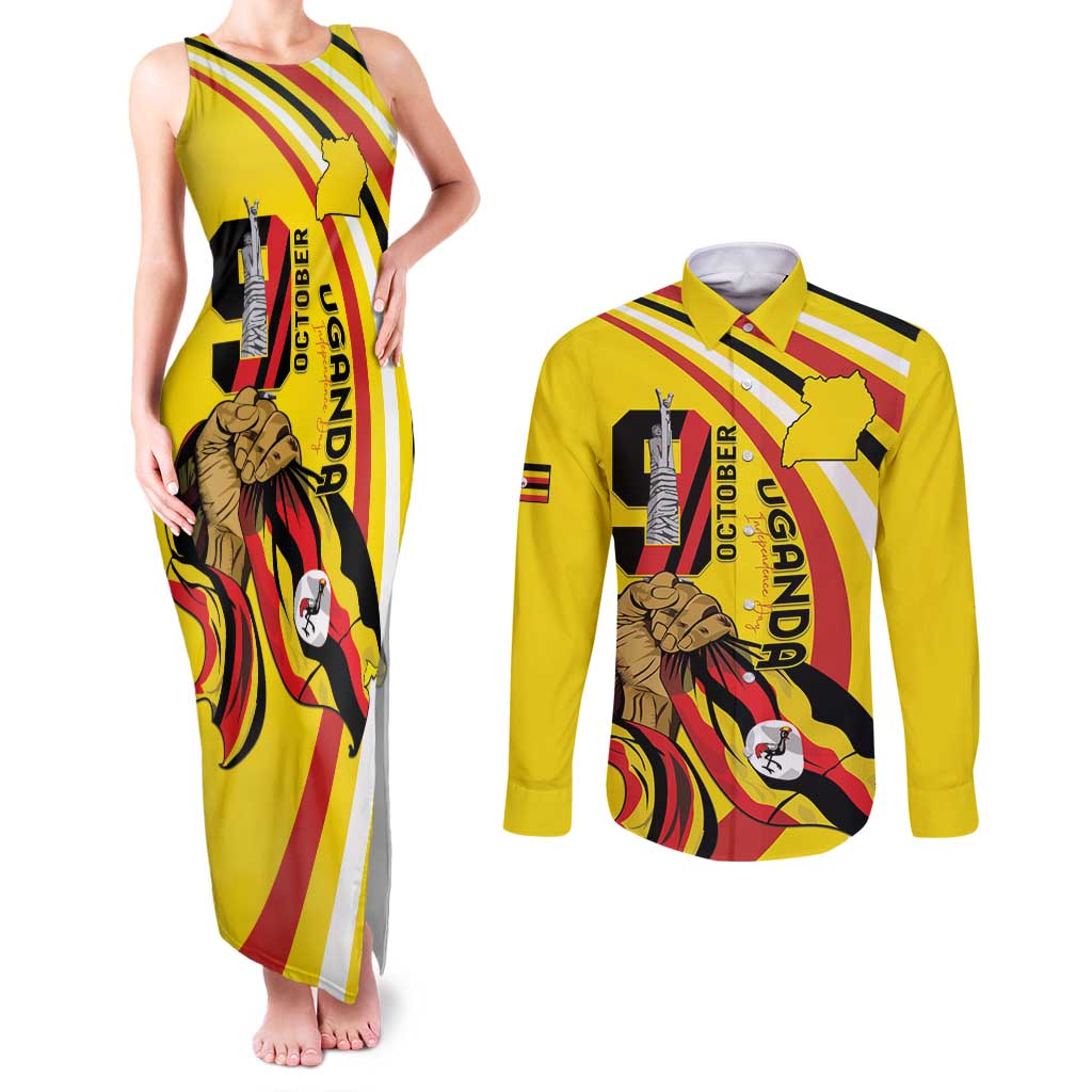 Uganda Couples Matching Tank Maxi Dress and Long Sleeve Button Shirt 63rd Anniversary Of Independence - Wonder Print Shop
