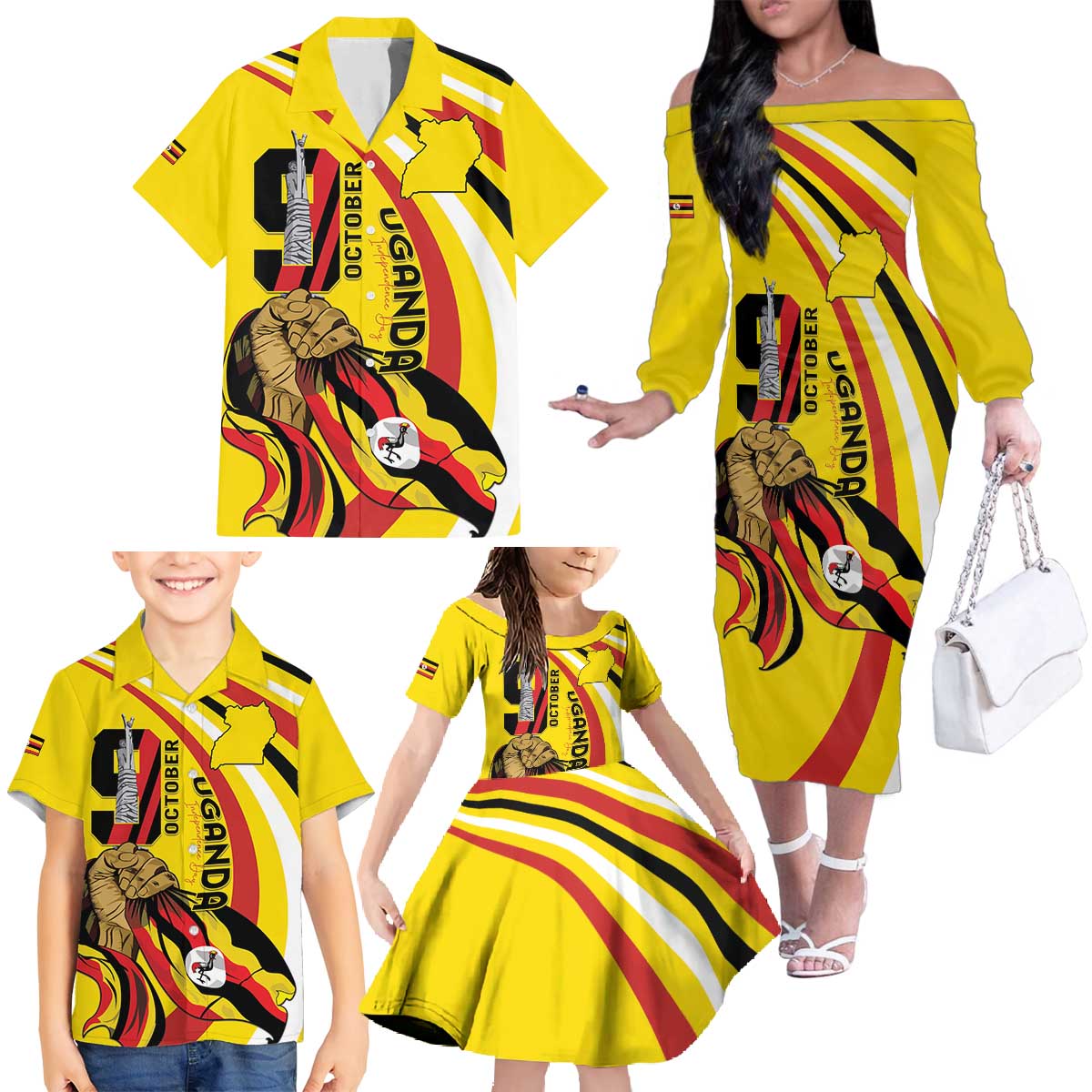 Uganda Family Matching Off The Shoulder Long Sleeve Dress and Hawaiian Shirt 63rd Anniversary Of Independence - Wonder Print Shop