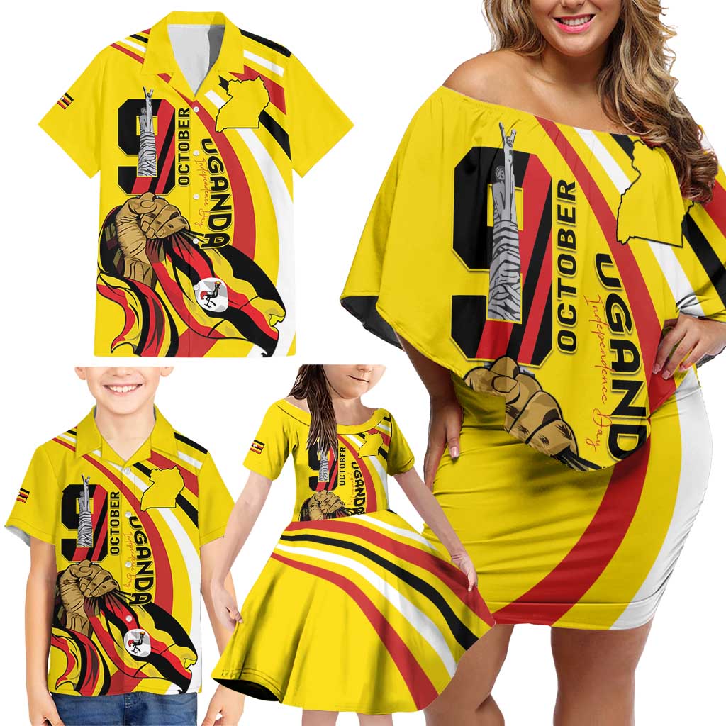 Uganda Family Matching Off Shoulder Short Dress and Hawaiian Shirt 63rd Anniversary Of Independence - Wonder Print Shop