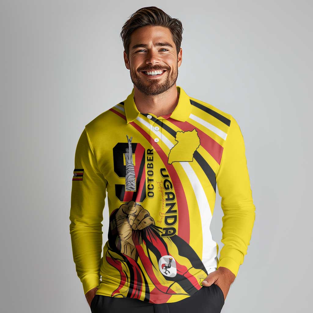 Uganda Long Sleeve Polo Shirt 63rd Anniversary Of Independence - Wonder Print Shop