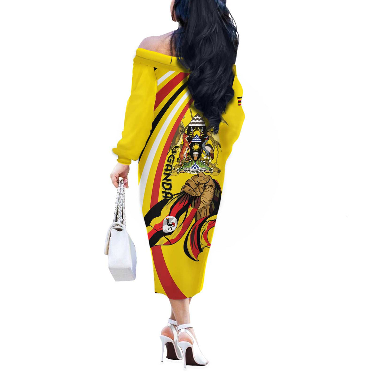 Uganda Off The Shoulder Long Sleeve Dress 63rd Anniversary Of Independence - Wonder Print Shop