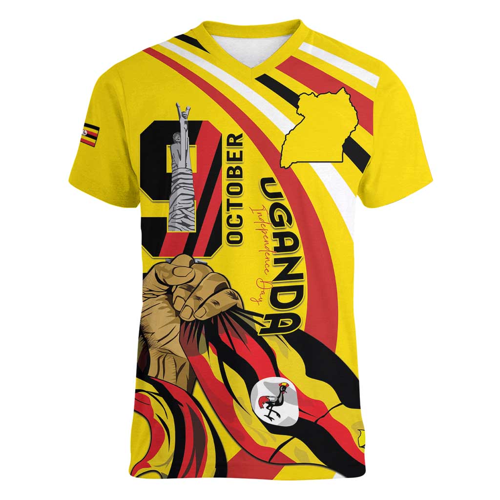 Uganda Women V-Neck T-Shirt 63rd Anniversary Of Independence - Wonder Print Shop