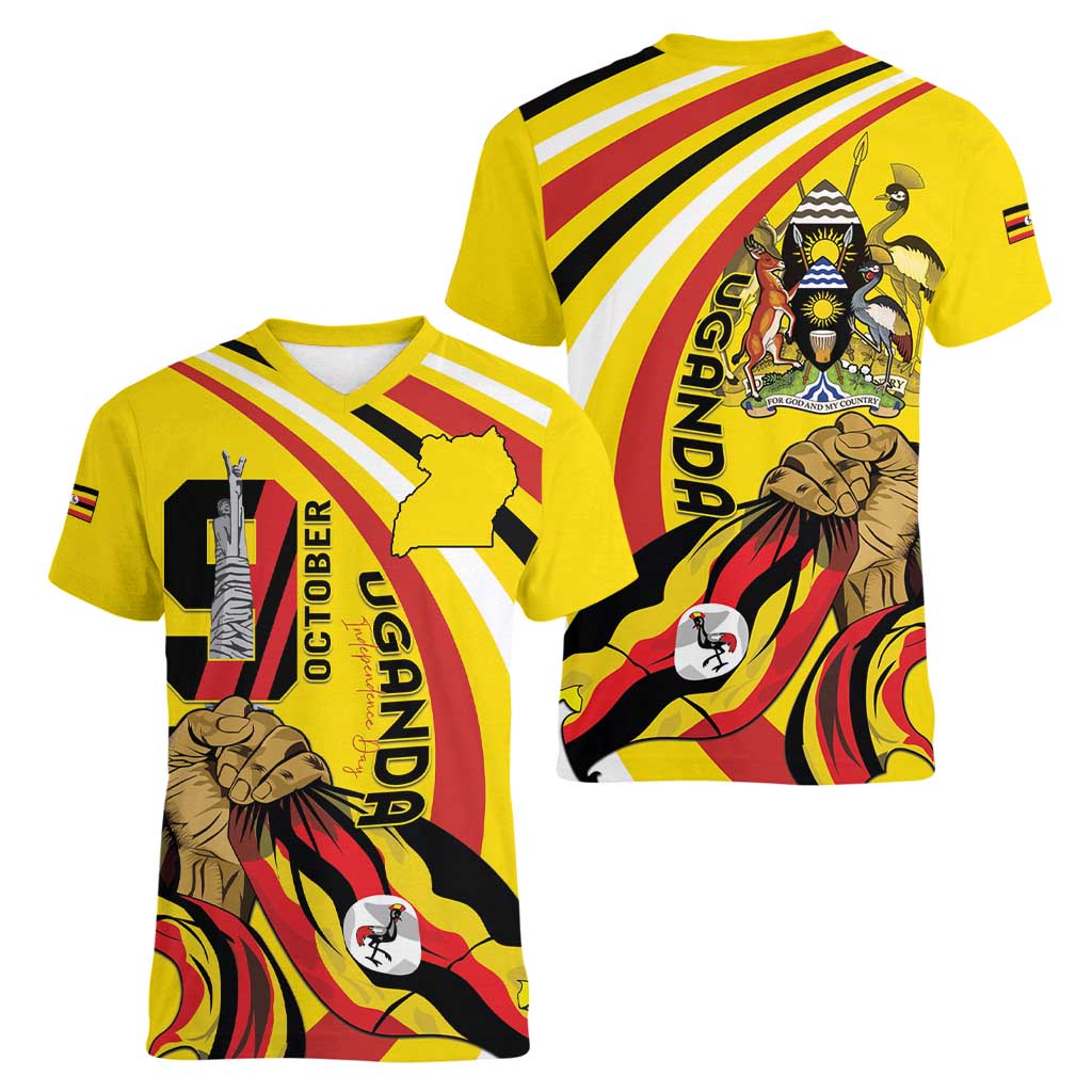 Uganda Women V-Neck T-Shirt 63rd Anniversary Of Independence - Wonder Print Shop