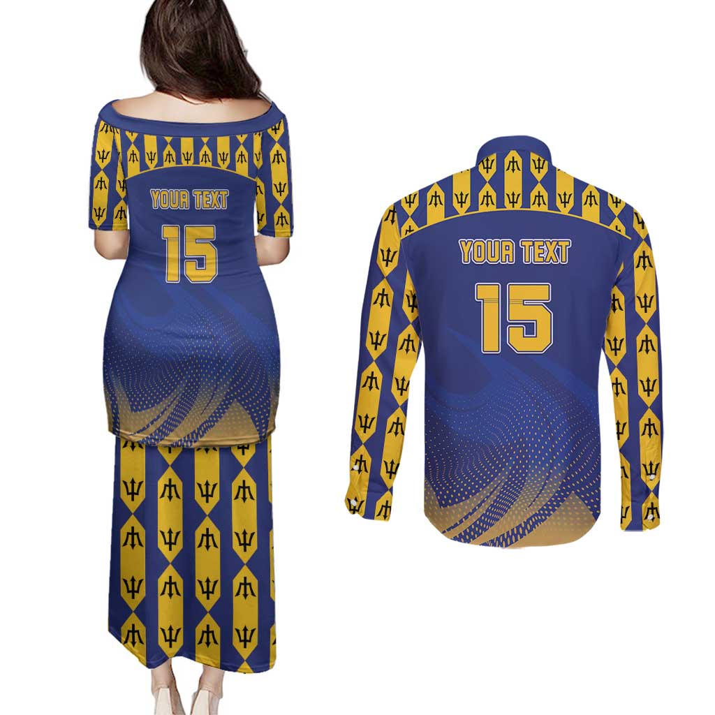 Custom Barbados Pride Cricket Couples Matching Puletasi and Long Sleeve Button Shirt Dwarf Poinciana Flower Sporty Style - Wonder Print Shop