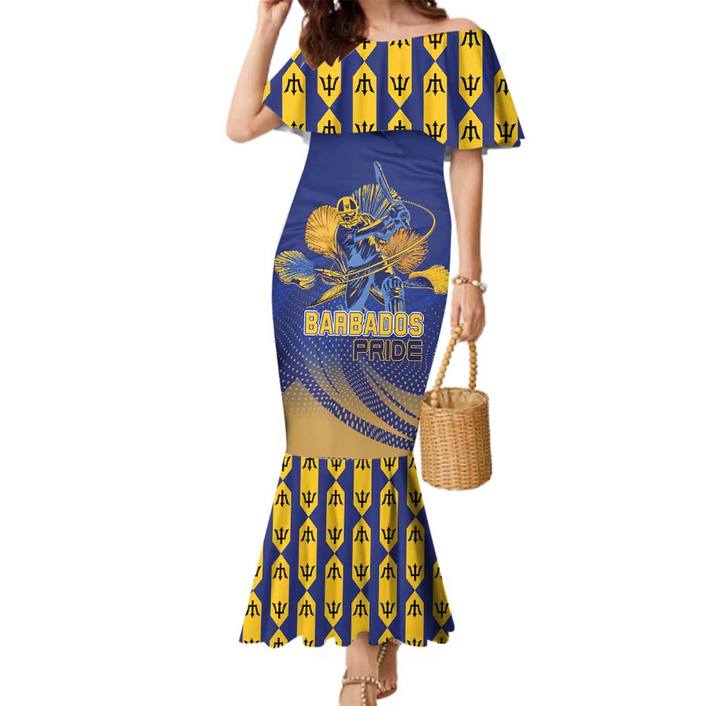 Custom Barbados Pride Cricket Family Matching Mermaid Dress and Hawaiian Shirt Dwarf Poinciana Flower Sporty Style - Wonder Print Shop