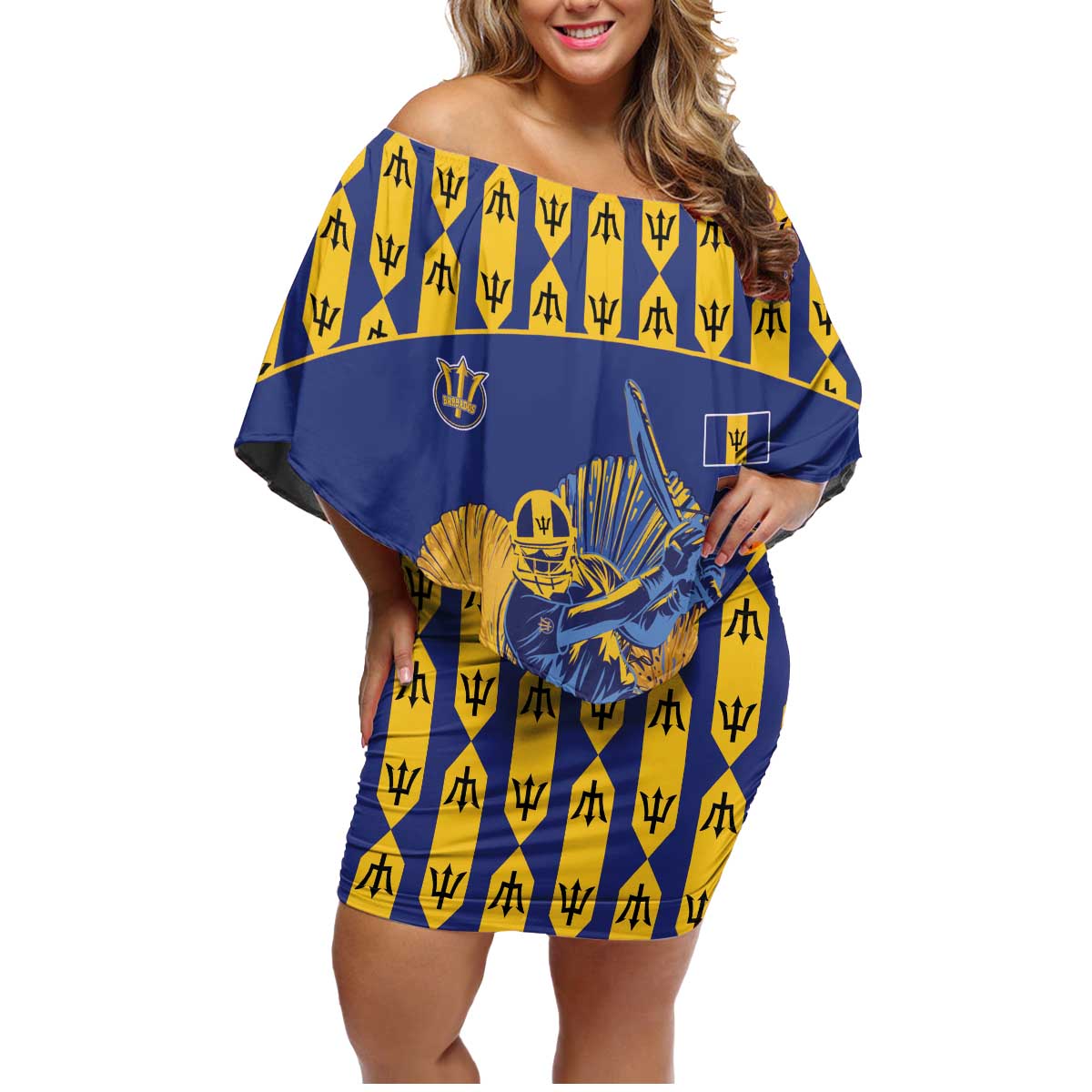 Custom Barbados Pride Cricket Family Matching Off Shoulder Short Dress and Hawaiian Shirt Dwarf Poinciana Flower Sporty Style - Wonder Print Shop