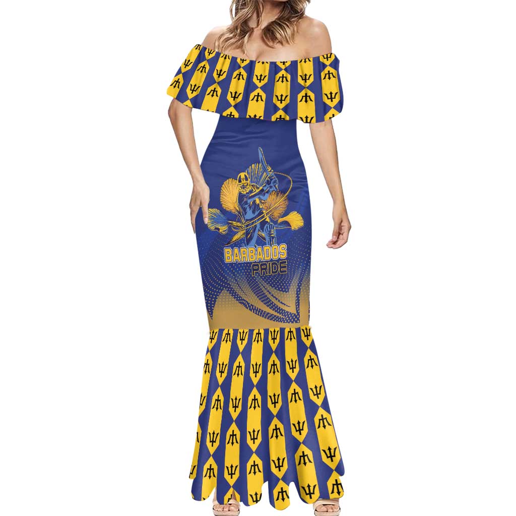 Custom Barbados Pride Cricket Mermaid Dress Dwarf Poinciana Flower Sporty Style - Wonder Print Shop