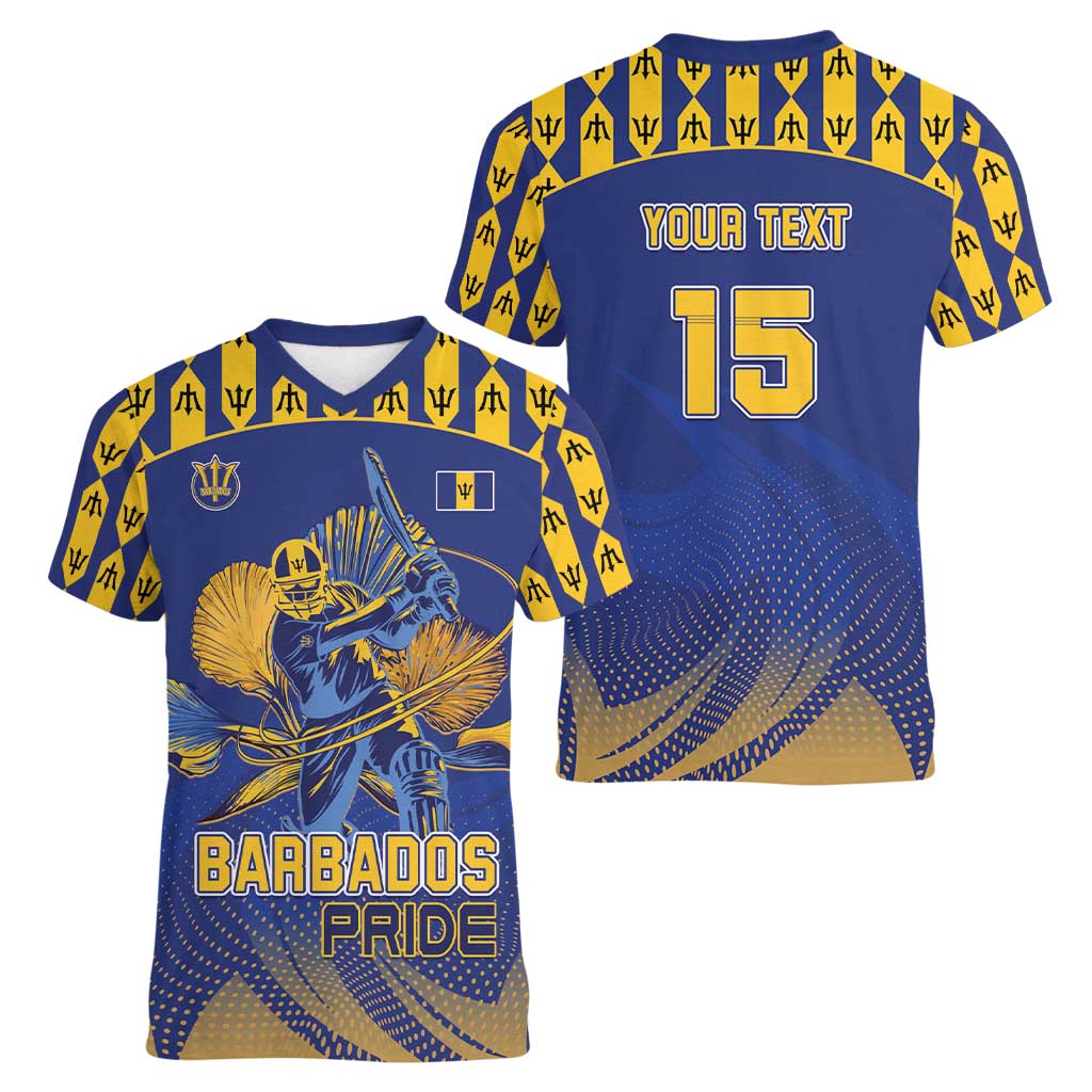 Custom Barbados Pride Cricket Women V-Neck T-Shirt Dwarf Poinciana Flower Sporty Style - Wonder Print Shop