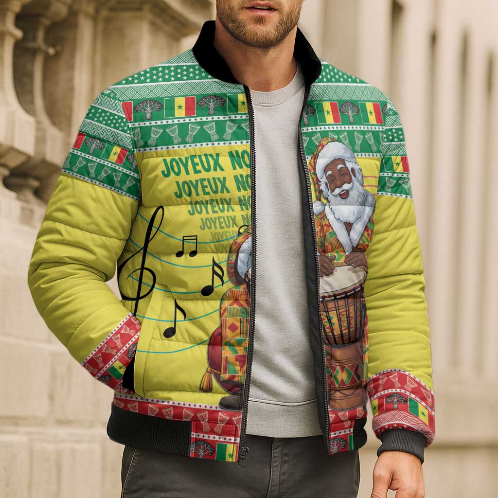Senegal Christmas Bomber Puffer Jacket Black Santa Playing Djembe Drum - Wonder Print Shop