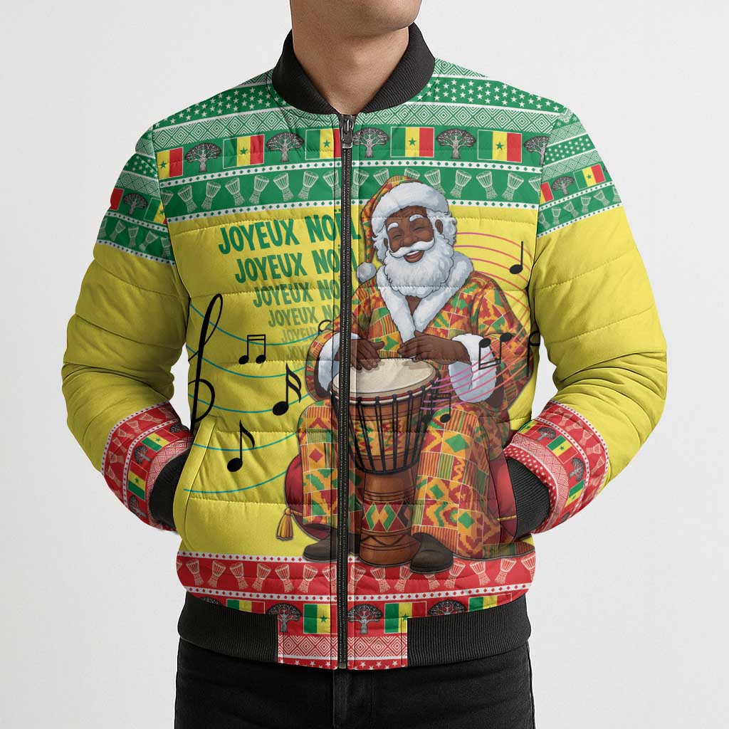 Senegal Christmas Bomber Puffer Jacket Black Santa Playing Djembe Drum - Wonder Print Shop