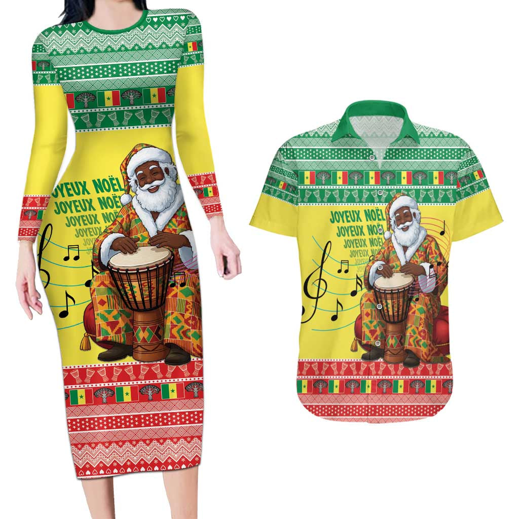 Senegal Christmas Couples Matching Long Sleeve Bodycon Dress and Hawaiian Shirt Black Santa Playing Djembe Drum - Wonder Print Shop