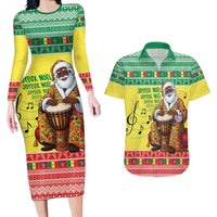 Senegal Christmas Couples Matching Long Sleeve Bodycon Dress and Hawaiian Shirt Black Santa Playing Djembe Drum - Wonder Print Shop