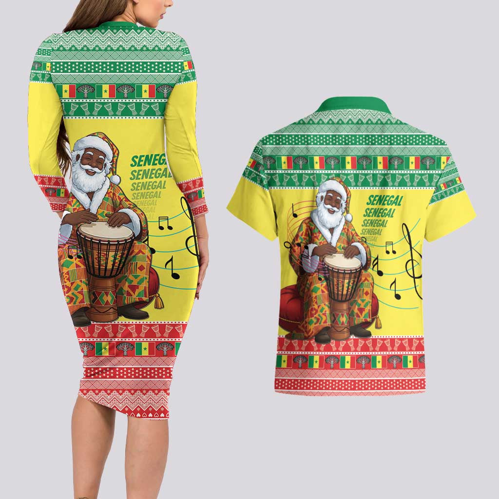 Senegal Christmas Couples Matching Long Sleeve Bodycon Dress and Hawaiian Shirt Black Santa Playing Djembe Drum - Wonder Print Shop
