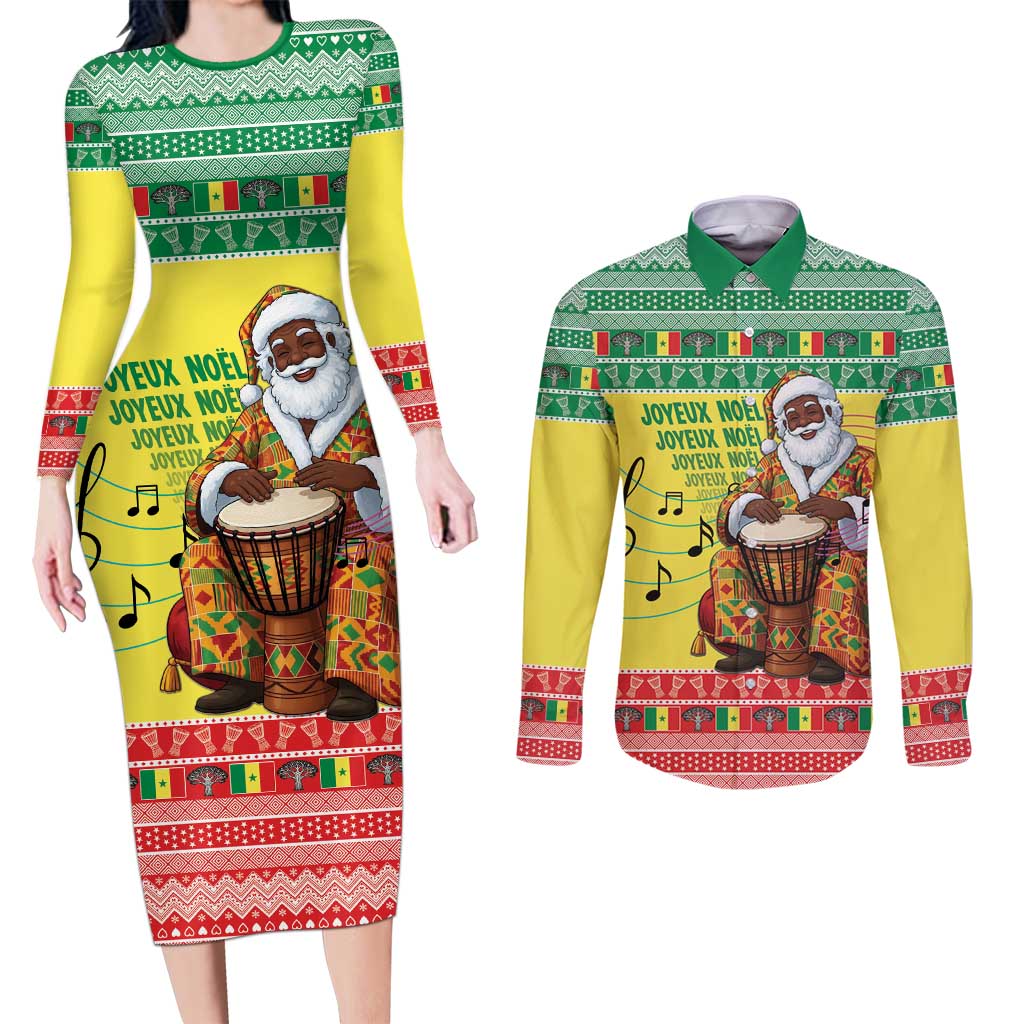 Senegal Christmas Couples Matching Long Sleeve Bodycon Dress and Long Sleeve Button Shirt Black Santa Playing Djembe Drum - Wonder Print Shop