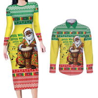 Senegal Christmas Couples Matching Long Sleeve Bodycon Dress and Long Sleeve Button Shirt Black Santa Playing Djembe Drum - Wonder Print Shop