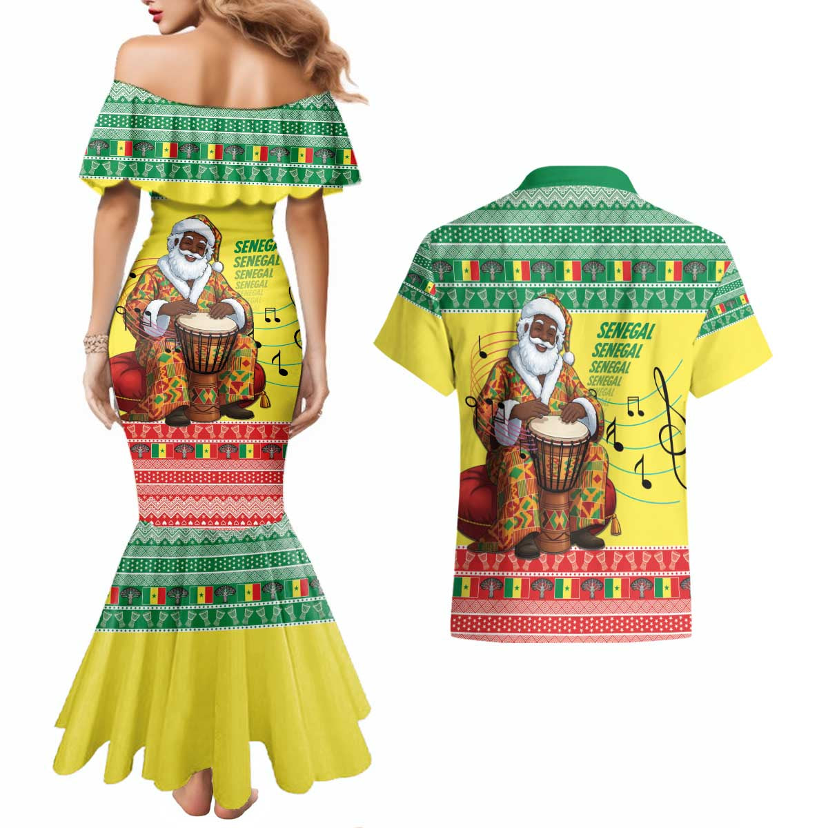 Senegal Christmas Couples Matching Mermaid Dress and Hawaiian Shirt Black Santa Playing Djembe Drum - Wonder Print Shop