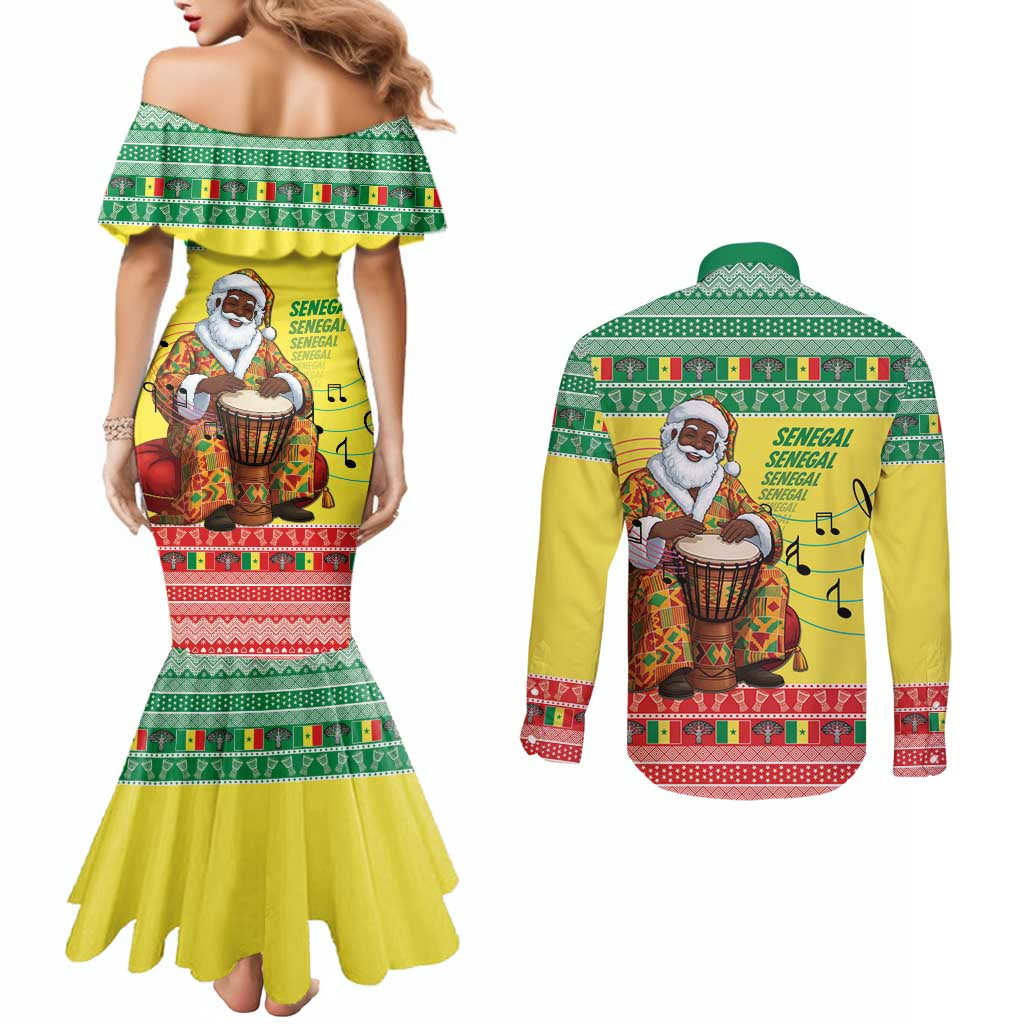Senegal Christmas Couples Matching Mermaid Dress and Long Sleeve Button Shirt Black Santa Playing Djembe Drum - Wonder Print Shop