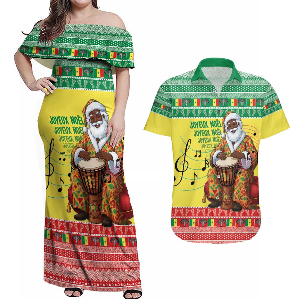 Senegal Christmas Couples Matching Off Shoulder Maxi Dress and Hawaiian Shirt Black Santa Playing Djembe Drum - Wonder Print Shop