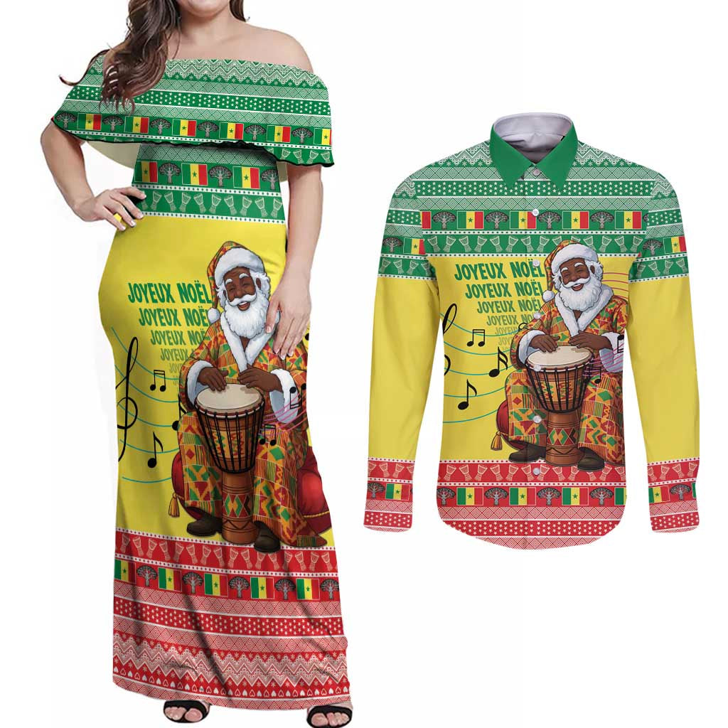 Senegal Christmas Couples Matching Off Shoulder Maxi Dress and Long Sleeve Button Shirt Black Santa Playing Djembe Drum - Wonder Print Shop