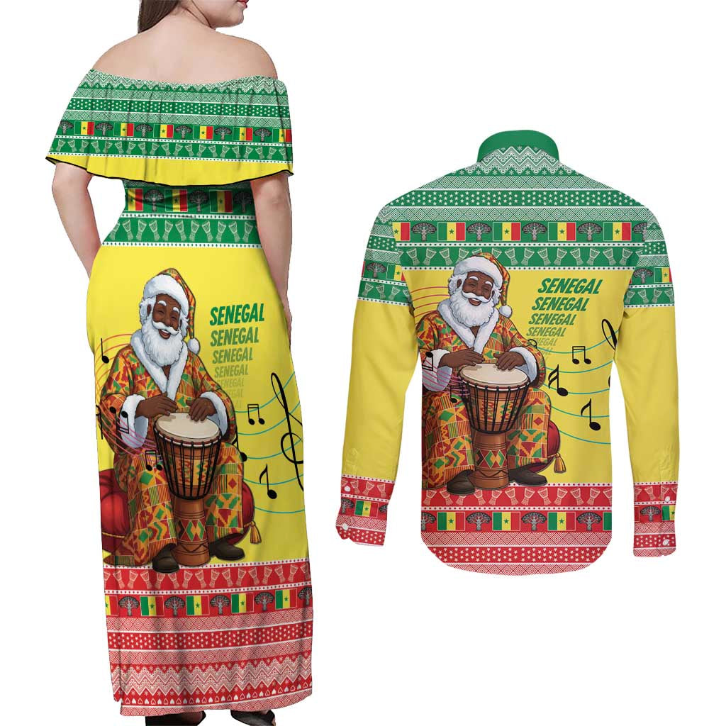 Senegal Christmas Couples Matching Off Shoulder Maxi Dress and Long Sleeve Button Shirt Black Santa Playing Djembe Drum - Wonder Print Shop
