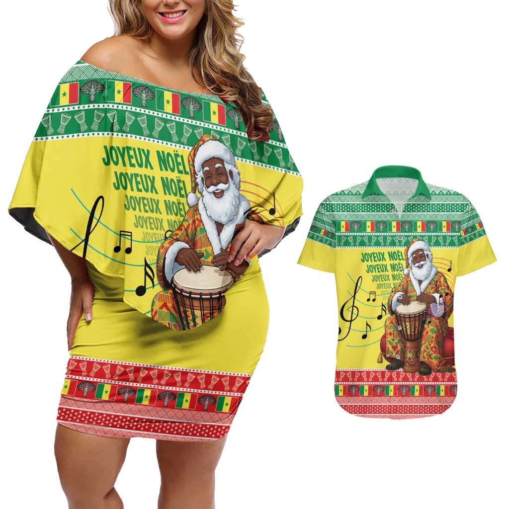 Senegal Christmas Couples Matching Off Shoulder Short Dress and Hawaiian Shirt Black Santa Playing Djembe Drum - Wonder Print Shop