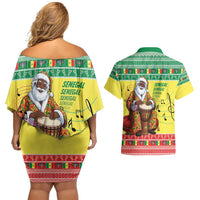 Senegal Christmas Couples Matching Off Shoulder Short Dress and Hawaiian Shirt Black Santa Playing Djembe Drum - Wonder Print Shop