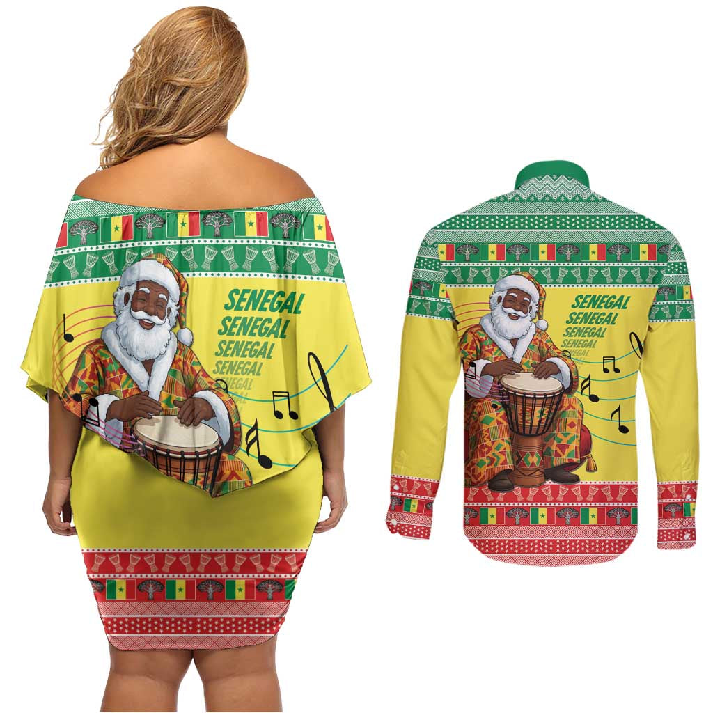 Senegal Christmas Couples Matching Off Shoulder Short Dress and Long Sleeve Button Shirt Black Santa Playing Djembe Drum - Wonder Print Shop