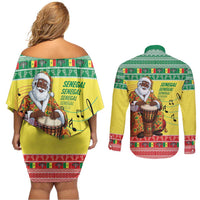 Senegal Christmas Couples Matching Off Shoulder Short Dress and Long Sleeve Button Shirt Black Santa Playing Djembe Drum - Wonder Print Shop