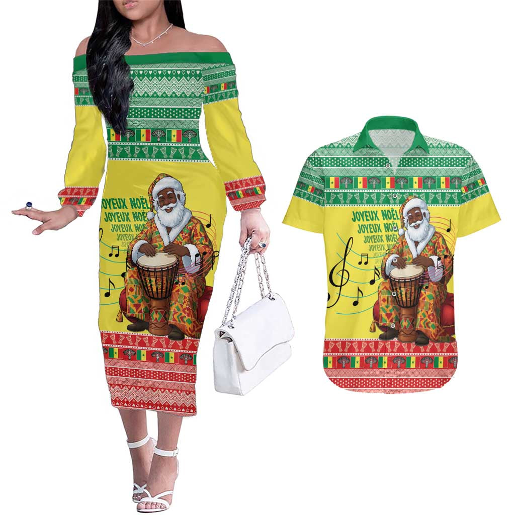 Senegal Christmas Couples Matching Off The Shoulder Long Sleeve Dress and Hawaiian Shirt Black Santa Playing Djembe Drum - Wonder Print Shop