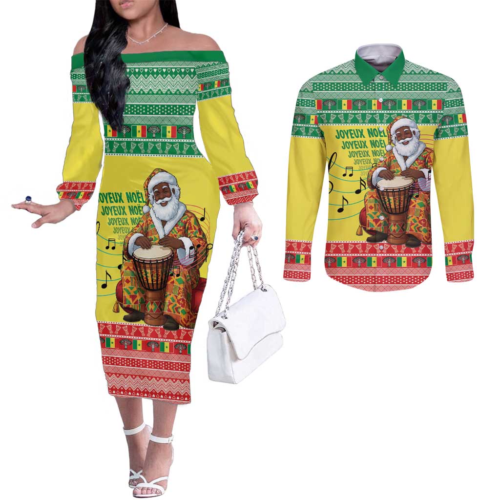 Senegal Christmas Couples Matching Off The Shoulder Long Sleeve Dress and Long Sleeve Button Shirt Black Santa Playing Djembe Drum - Wonder Print Shop