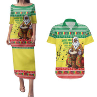 Senegal Christmas Couples Matching Puletasi and Hawaiian Shirt Black Santa Playing Djembe Drum - Wonder Print Shop
