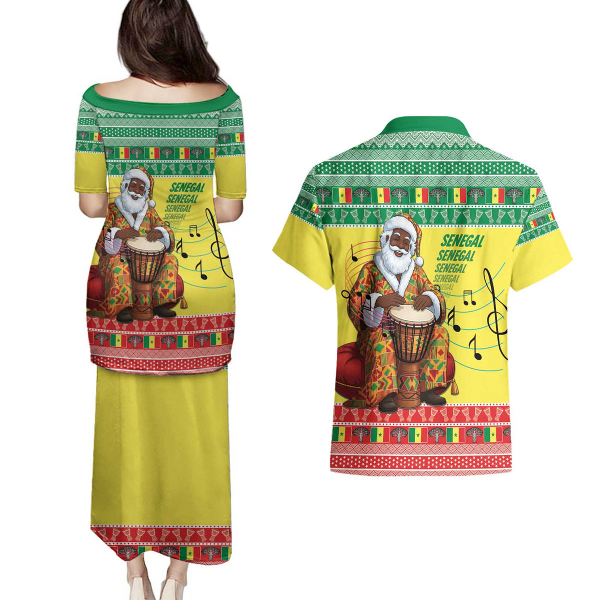Senegal Christmas Couples Matching Puletasi and Hawaiian Shirt Black Santa Playing Djembe Drum - Wonder Print Shop