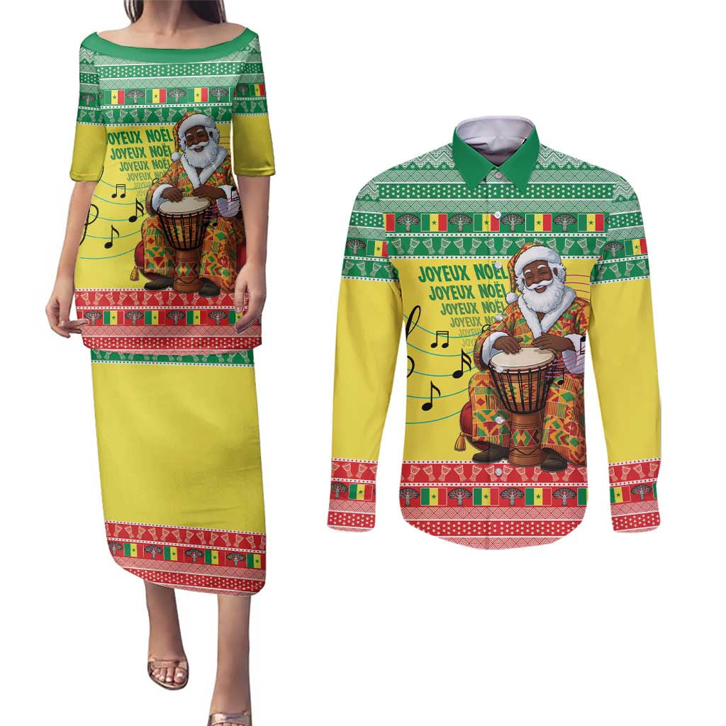 Senegal Christmas Couples Matching Puletasi and Long Sleeve Button Shirt Black Santa Playing Djembe Drum - Wonder Print Shop