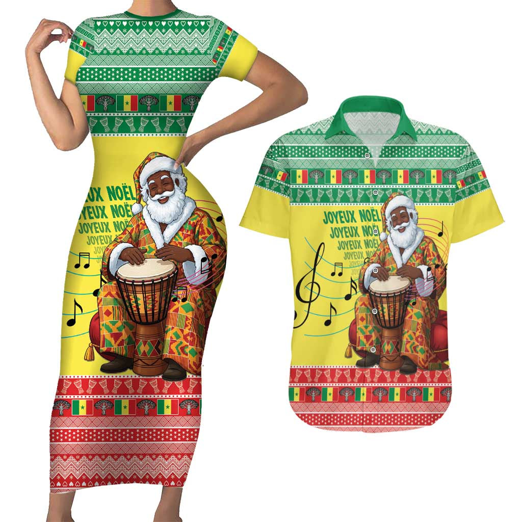 Senegal Christmas Couples Matching Short Sleeve Bodycon Dress and Hawaiian Shirt Black Santa Playing Djembe Drum - Wonder Print Shop