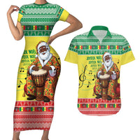 Senegal Christmas Couples Matching Short Sleeve Bodycon Dress and Hawaiian Shirt Black Santa Playing Djembe Drum - Wonder Print Shop
