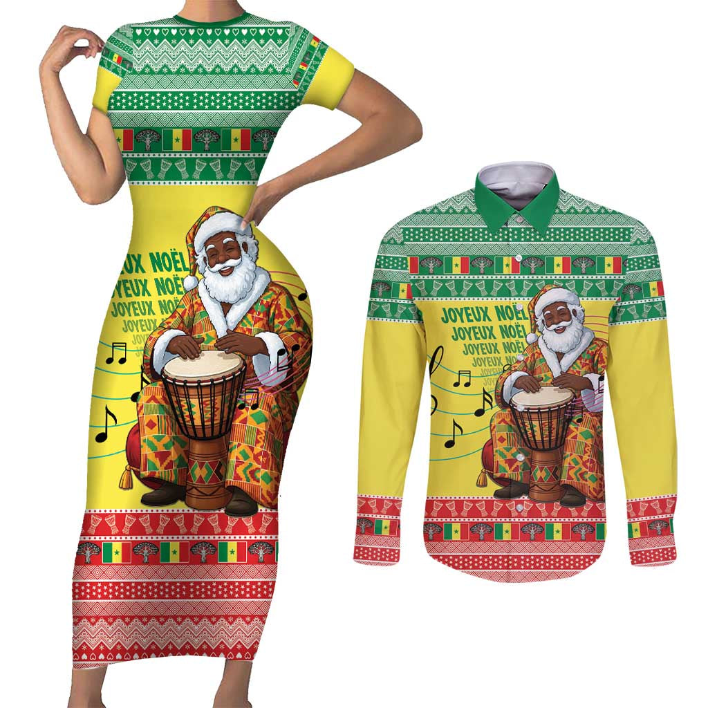 Senegal Christmas Couples Matching Short Sleeve Bodycon Dress and Long Sleeve Button Shirt Black Santa Playing Djembe Drum - Wonder Print Shop