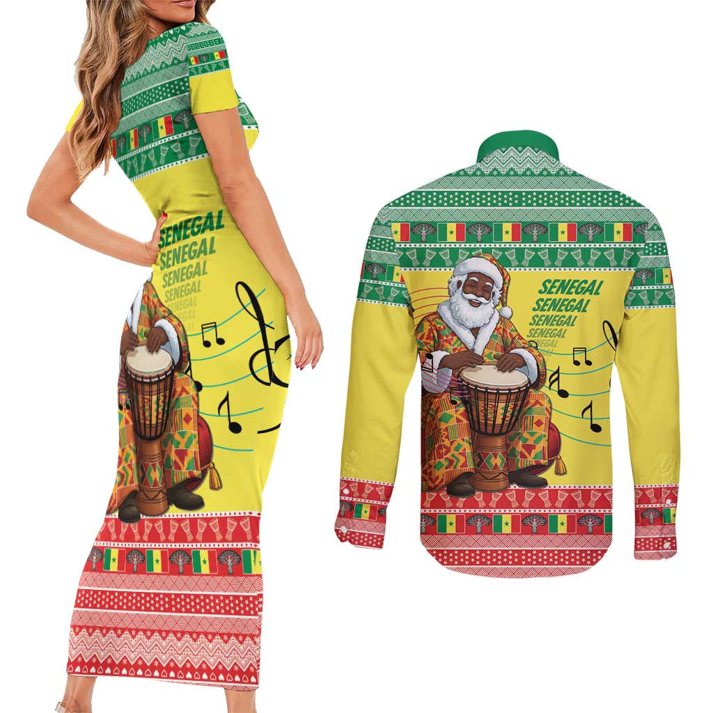 Senegal Christmas Couples Matching Short Sleeve Bodycon Dress and Long Sleeve Button Shirt Black Santa Playing Djembe Drum - Wonder Print Shop