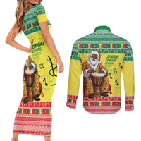 Senegal Christmas Couples Matching Short Sleeve Bodycon Dress and Long Sleeve Button Shirt Black Santa Playing Djembe Drum - Wonder Print Shop