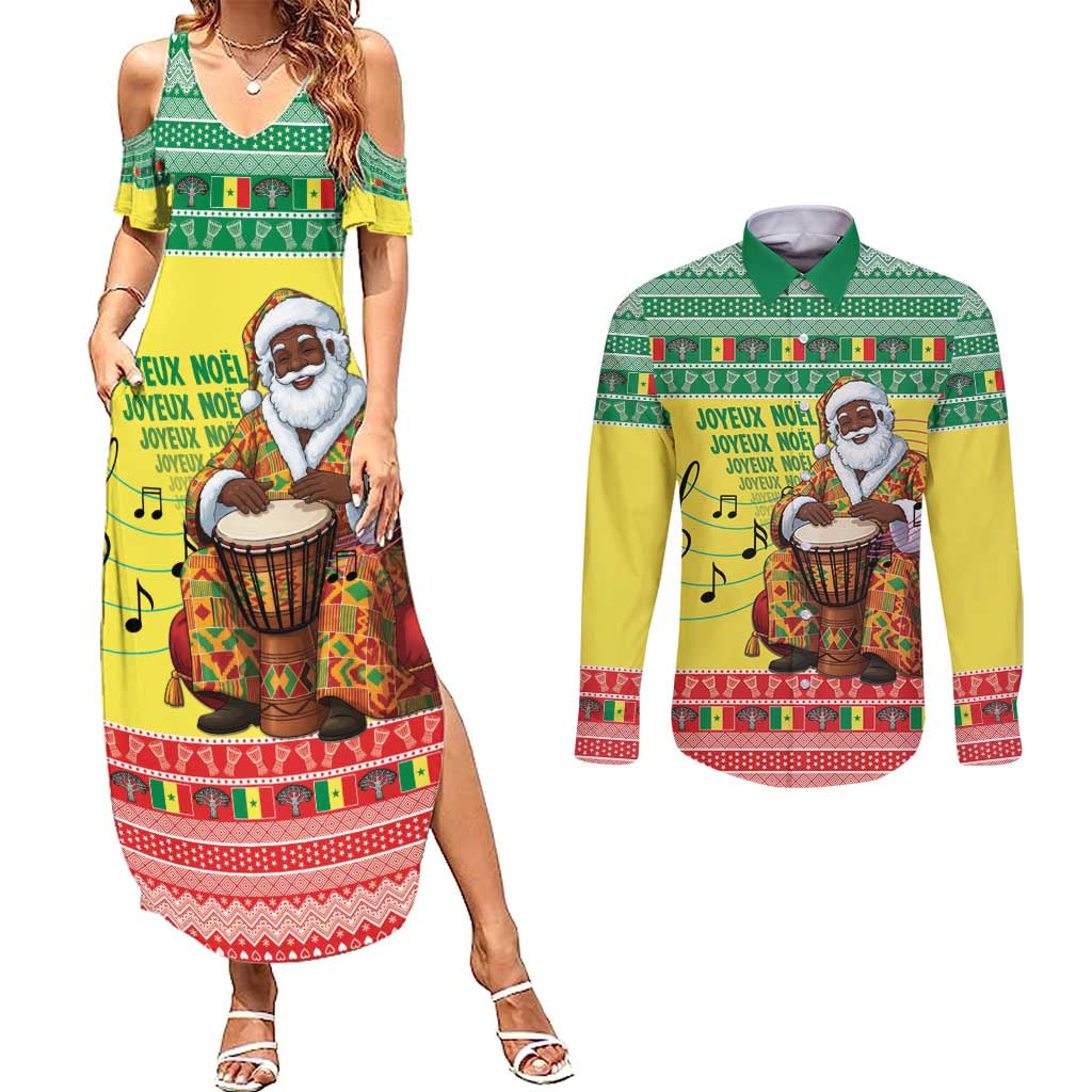 Senegal Christmas Couples Matching Summer Maxi Dress and Long Sleeve Button Shirt Black Santa Playing Djembe Drum - Wonder Print Shop
