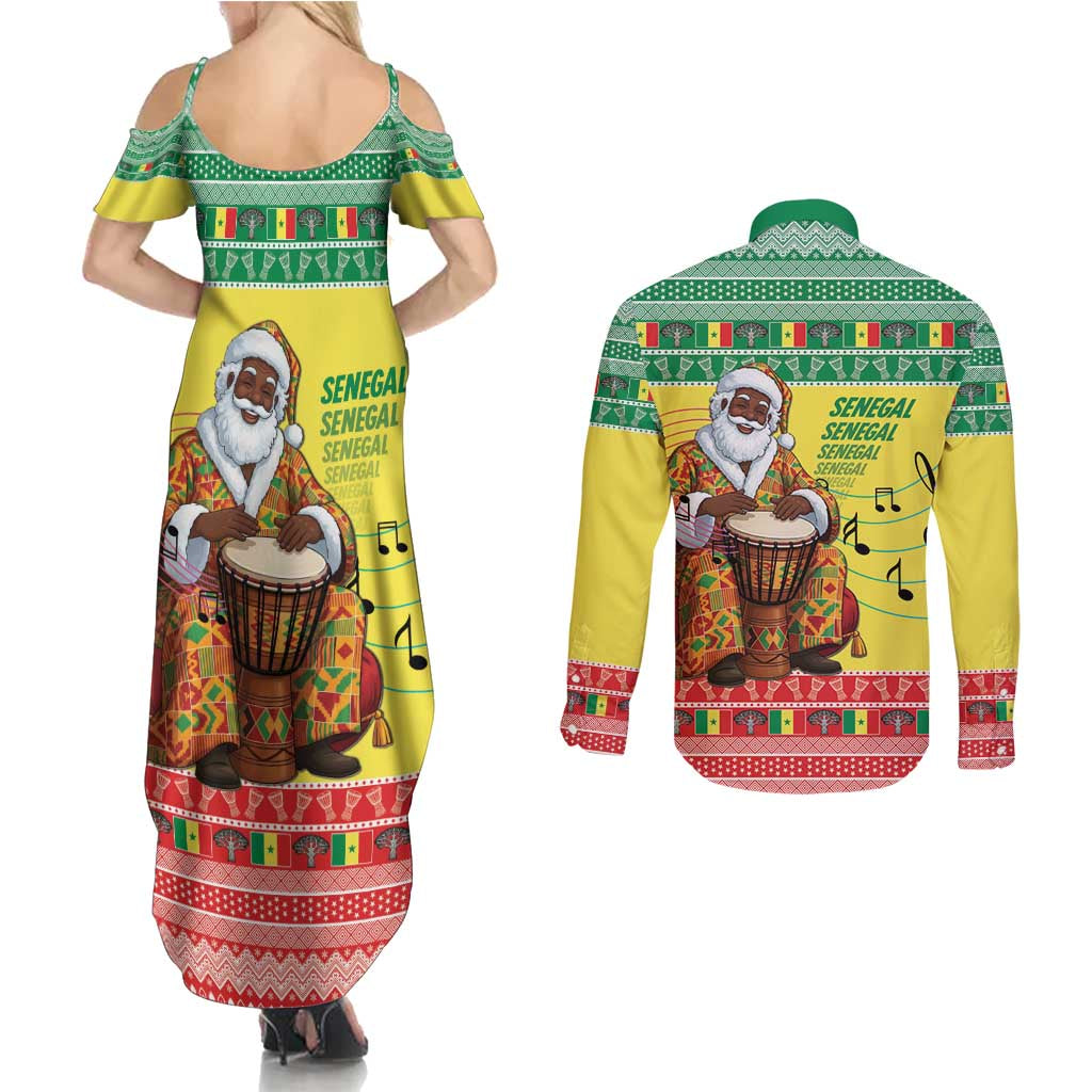Senegal Christmas Couples Matching Summer Maxi Dress and Long Sleeve Button Shirt Black Santa Playing Djembe Drum - Wonder Print Shop