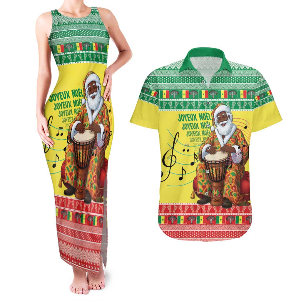 Senegal Christmas Couples Matching Tank Maxi Dress and Hawaiian Shirt Black Santa Playing Djembe Drum - Wonder Print Shop