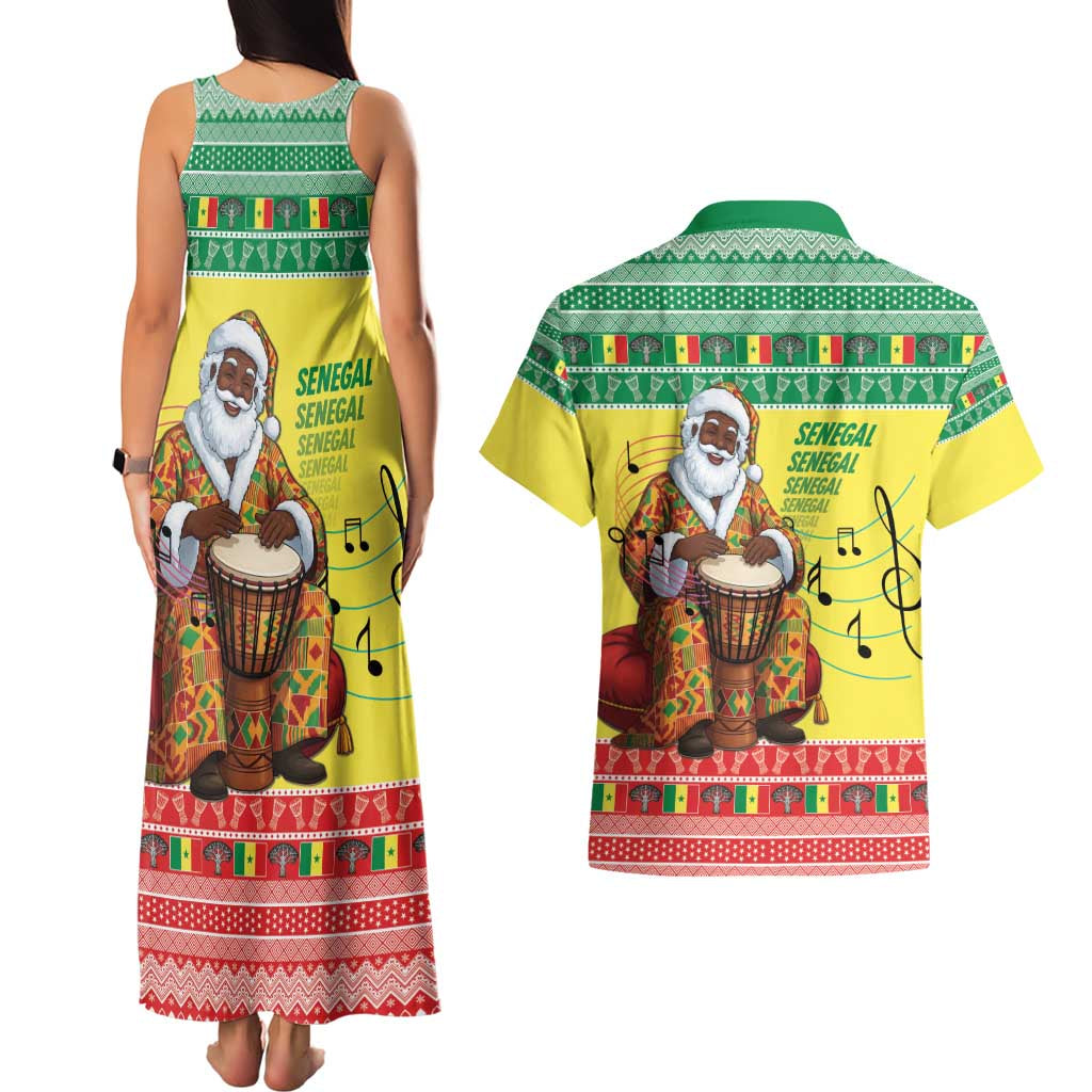 Senegal Christmas Couples Matching Tank Maxi Dress and Hawaiian Shirt Black Santa Playing Djembe Drum - Wonder Print Shop