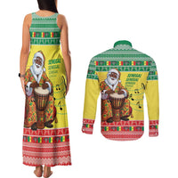 Senegal Christmas Couples Matching Tank Maxi Dress and Long Sleeve Button Shirt Black Santa Playing Djembe Drum - Wonder Print Shop