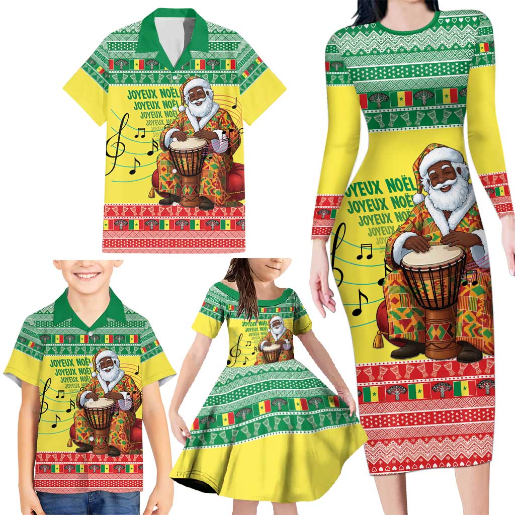 Senegal Christmas Family Matching Long Sleeve Bodycon Dress and Hawaiian Shirt Black Santa Playing Djembe Drum - Wonder Print Shop