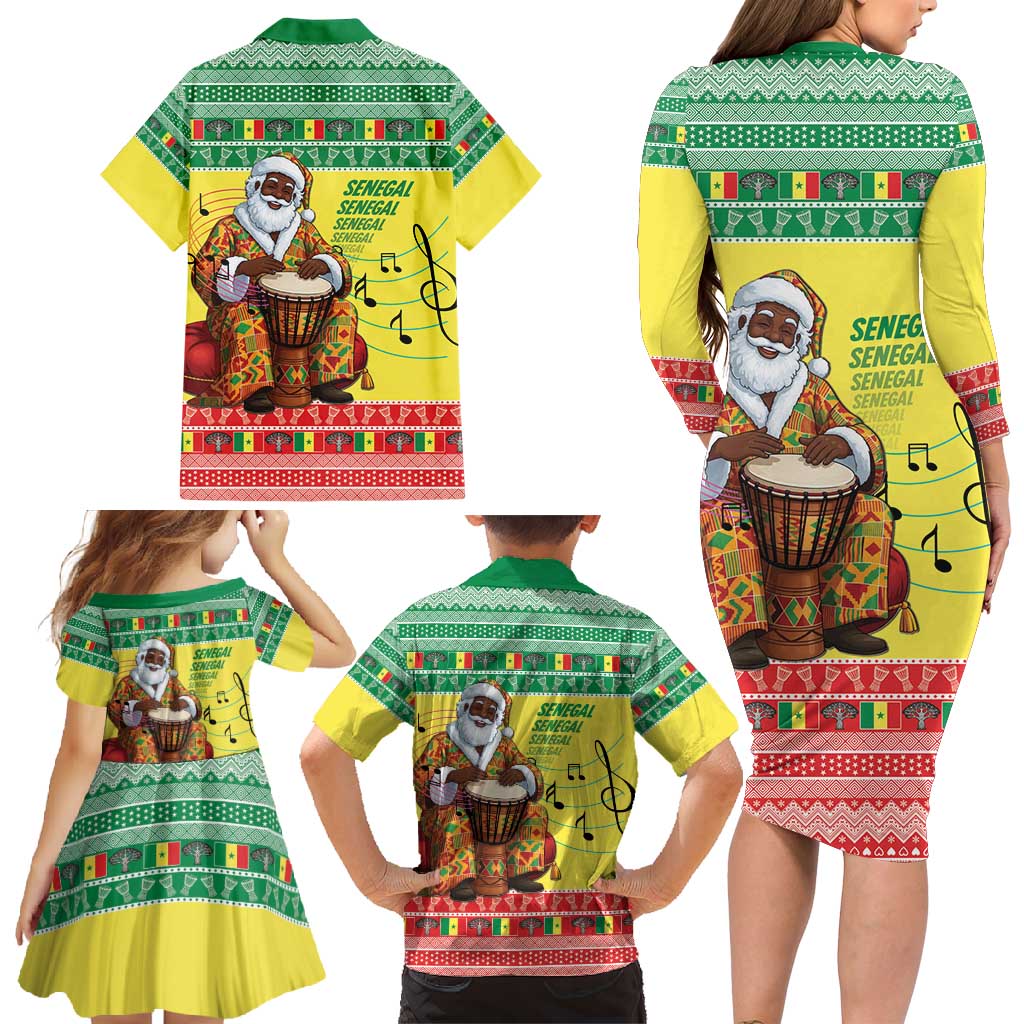 Senegal Christmas Family Matching Long Sleeve Bodycon Dress and Hawaiian Shirt Black Santa Playing Djembe Drum - Wonder Print Shop