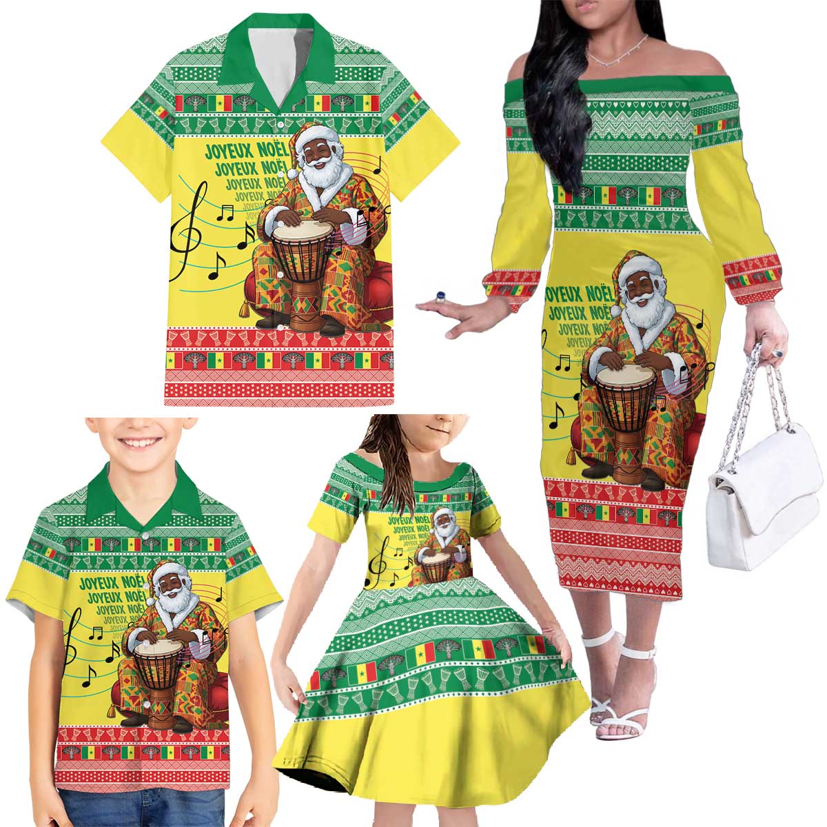 Senegal Christmas Family Matching Off The Shoulder Long Sleeve Dress and Hawaiian Shirt Black Santa Playing Djembe Drum - Wonder Print Shop