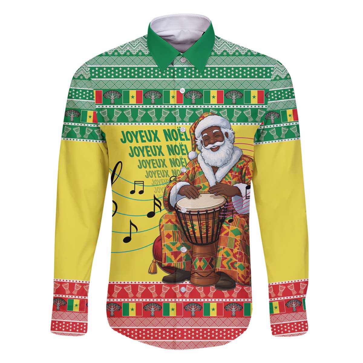 Senegal Christmas Family Matching Off The Shoulder Long Sleeve Dress and Hawaiian Shirt Black Santa Playing Djembe Drum - Wonder Print Shop