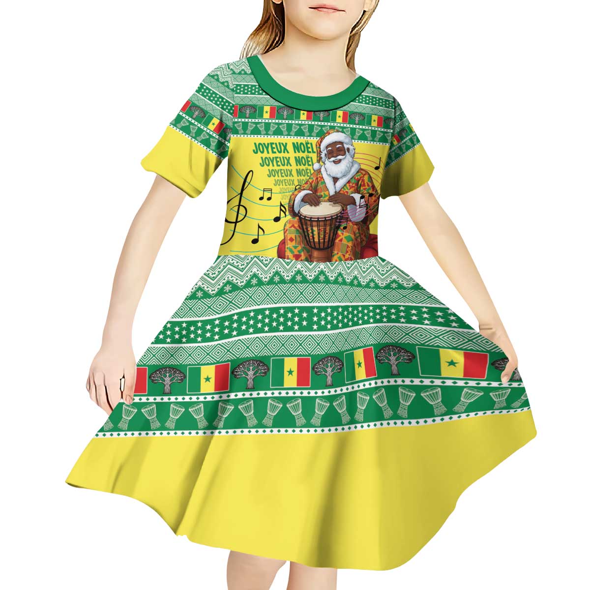 Senegal Christmas Kid Short Sleeve Dress Black Santa Playing Djembe Drum - Wonder Print Shop